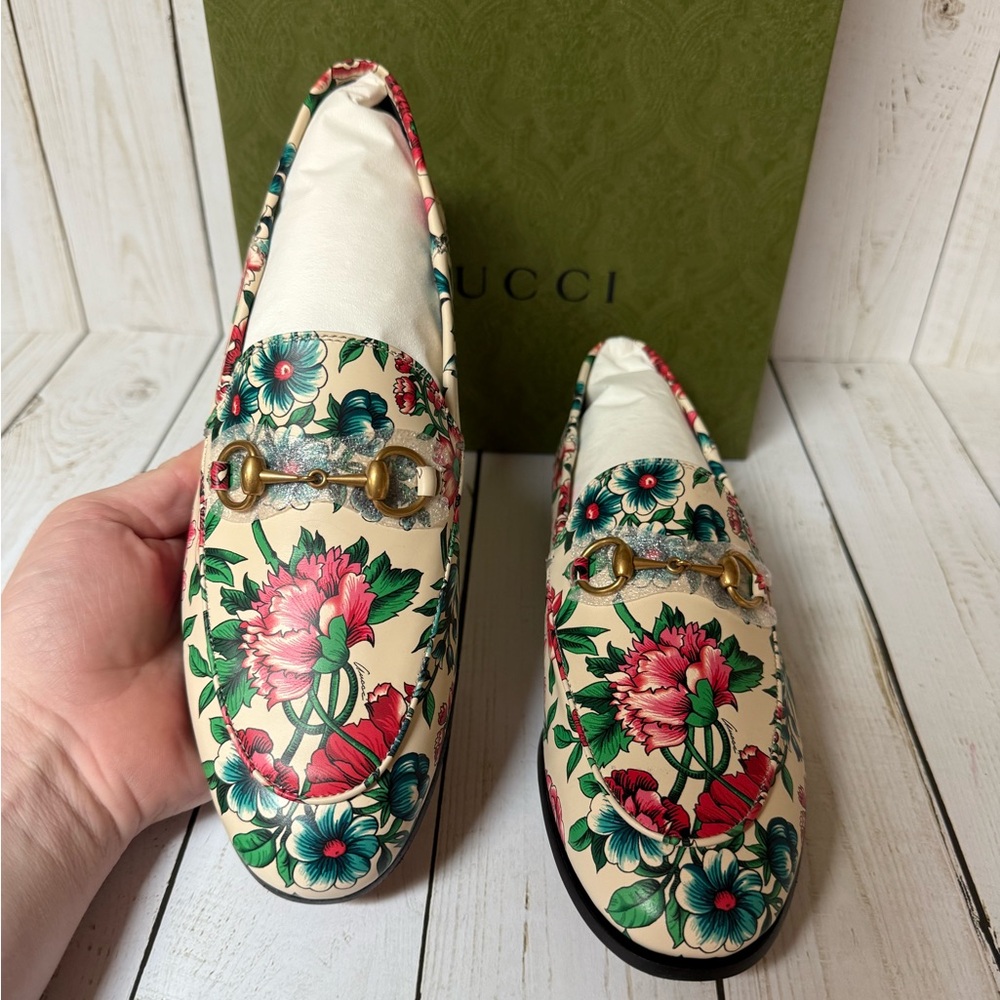Gucci Floral Print Leather Horsebit Jordaan Loafer Multicolor Sz 37 / 7 - Picture 7 of 15